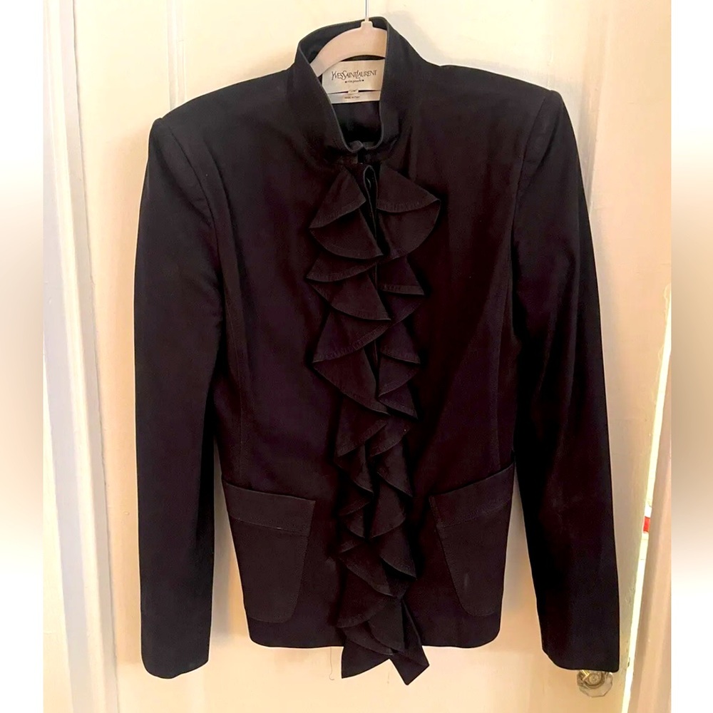 AUTH - YSL - Yves Saint Laurent Black Ruffle Front Suede Jacket, Size 42